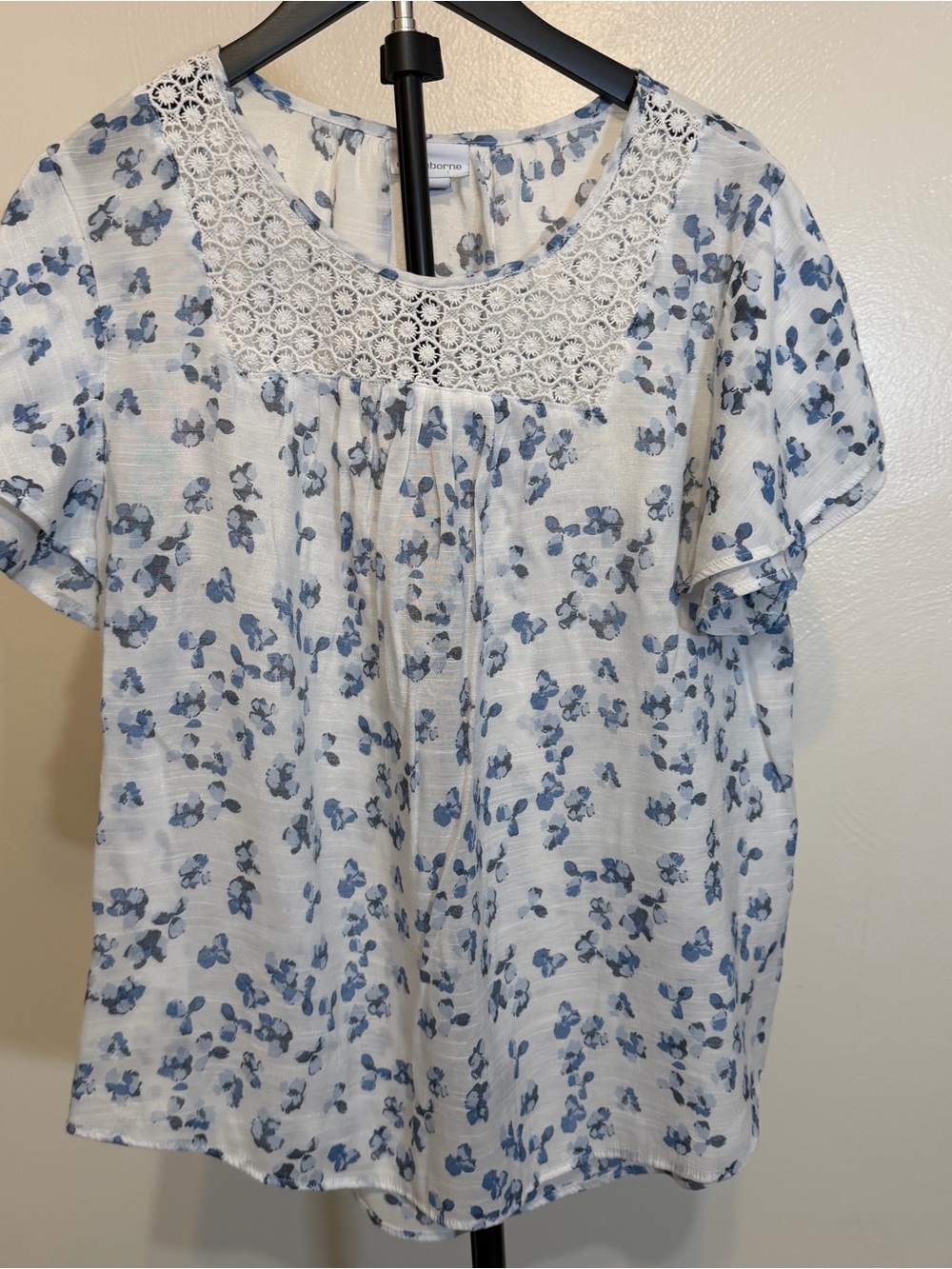 Liz Claiborne White Top with Blue Floral Crochet Yoke